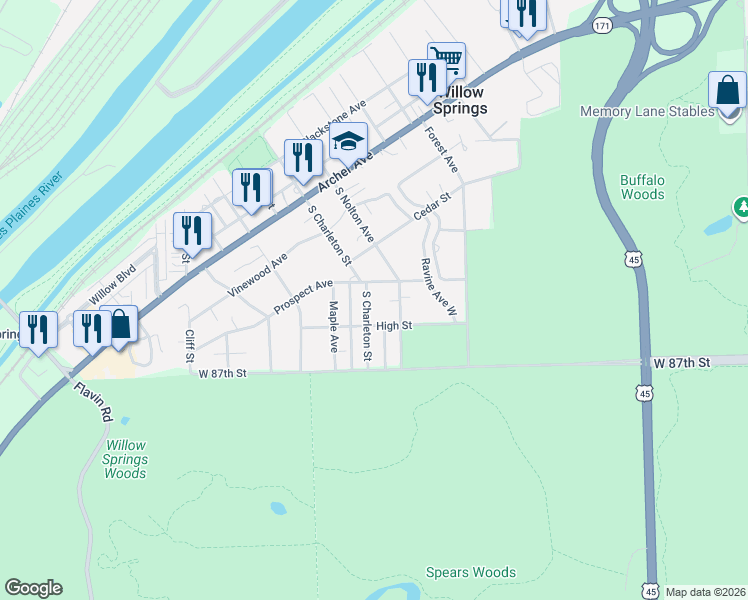 map of restaurants, bars, coffee shops, grocery stores, and more near 506 South Charleton Street in Willow Springs