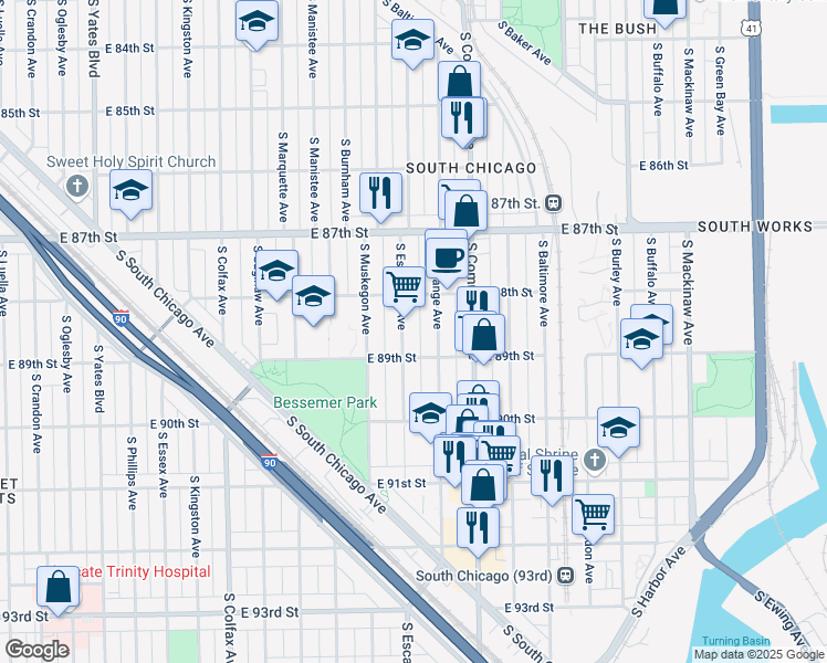map of restaurants, bars, coffee shops, grocery stores, and more near 8835 South Escanaba Avenue in Chicago