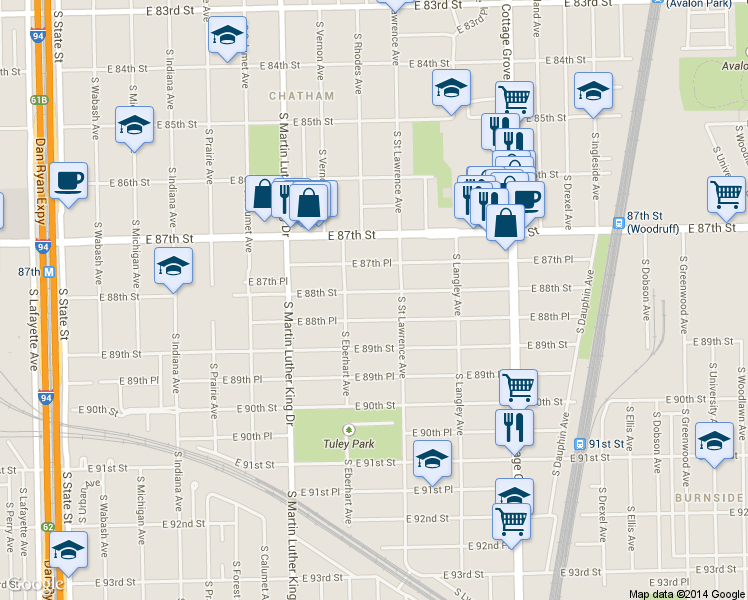 map of restaurants, bars, coffee shops, grocery stores, and more near 531 East 88th Street in Chicago