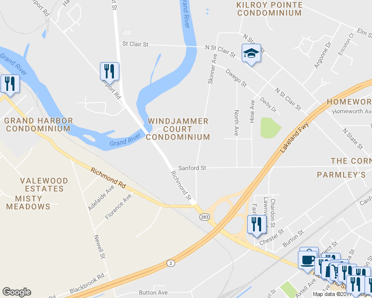 map of restaurants, bars, coffee shops, grocery stores, and more near 835 Skinner Ave in Painesville