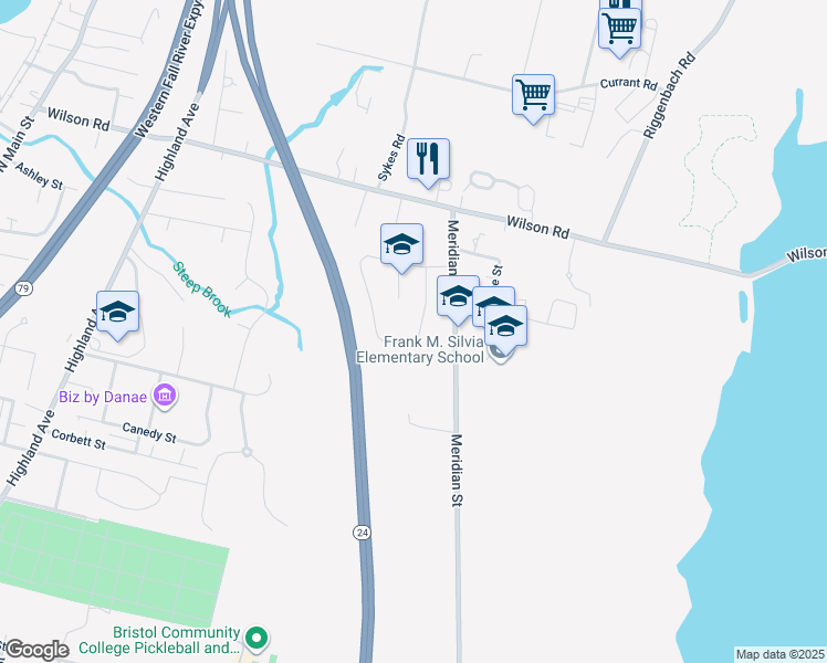 map of restaurants, bars, coffee shops, grocery stores, and more near 471 Joseph Drive in Fall River