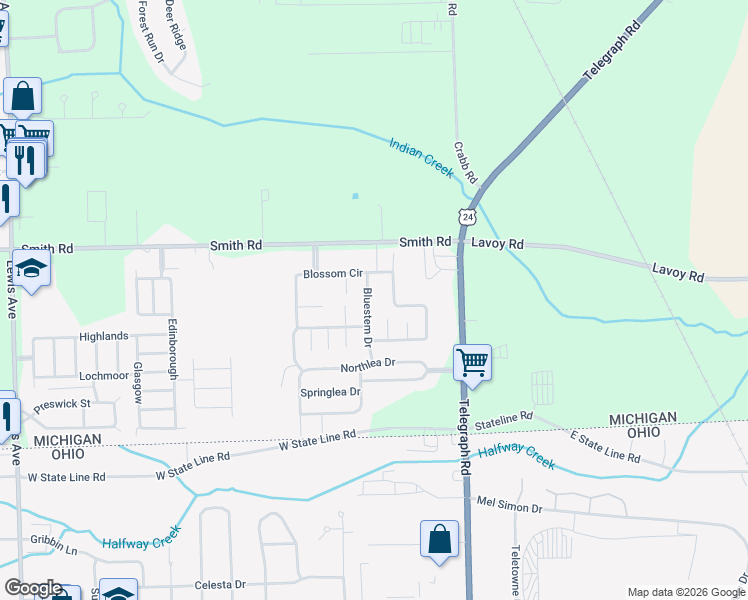 map of restaurants, bars, coffee shops, grocery stores, and more near 241 Wildflower Circle in Erie