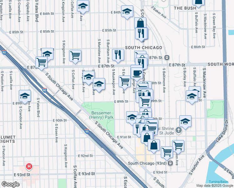 map of restaurants, bars, coffee shops, grocery stores, and more near 8833 South Muskegon Avenue in Chicago