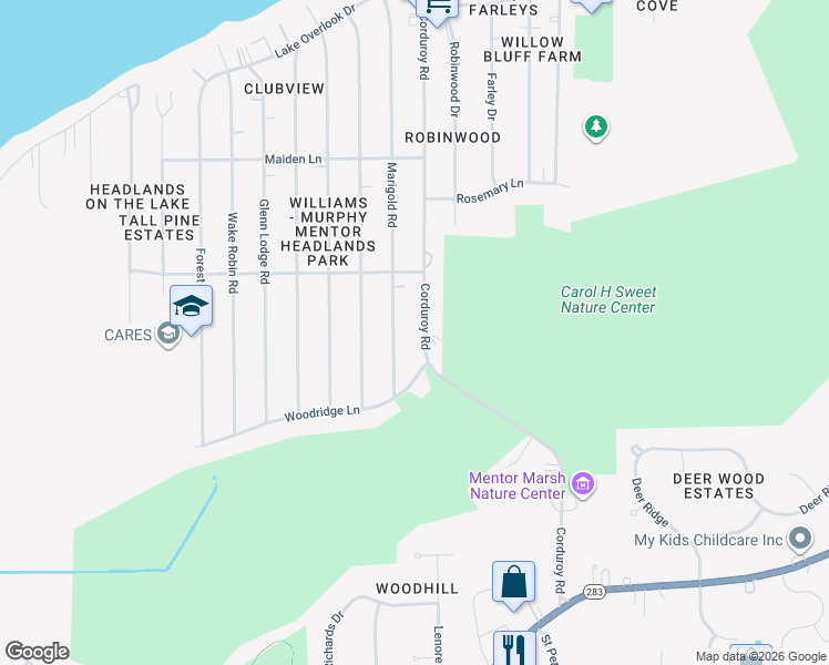 map of restaurants, bars, coffee shops, grocery stores, and more near 5014 Corduroy Road in Mentor