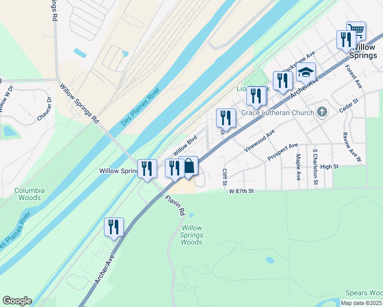 map of restaurants, bars, coffee shops, grocery stores, and more near 1800 Sherwood Drive in Willow Springs