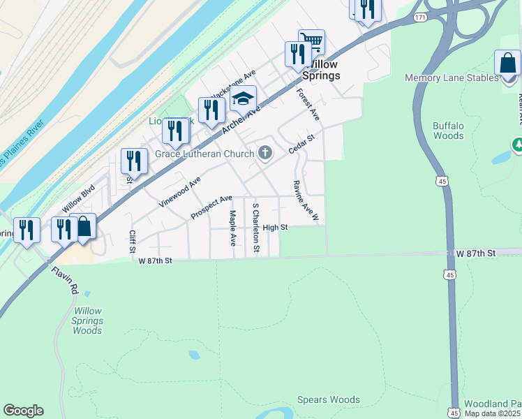 map of restaurants, bars, coffee shops, grocery stores, and more near 506 South Charleton Street in Willow Springs