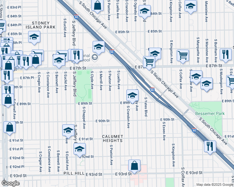map of restaurants, bars, coffee shops, grocery stores, and more near 8826 South Luella Avenue in Chicago