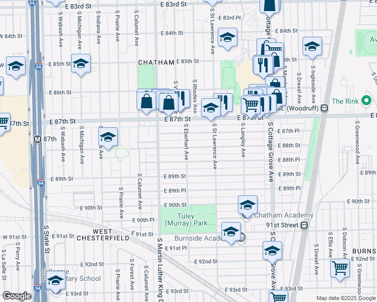 map of restaurants, bars, coffee shops, grocery stores, and more near 501 East 88th Street in Chicago