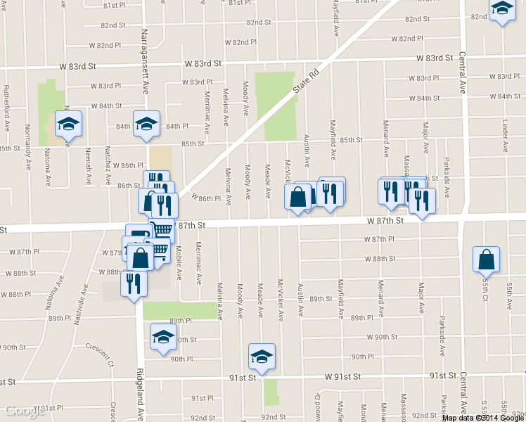 map of restaurants, bars, coffee shops, grocery stores, and more near 8650 Meade Avenue in Burbank