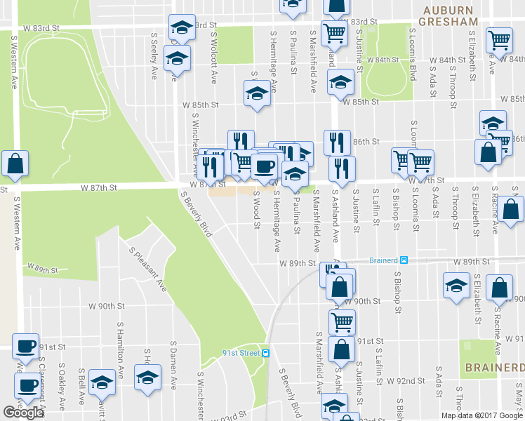 map of restaurants, bars, coffee shops, grocery stores, and more near 8739 S Wood St in Chicago