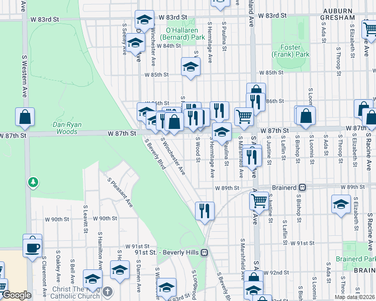 map of restaurants, bars, coffee shops, grocery stores, and more near 8739 South Honore Street in Chicago