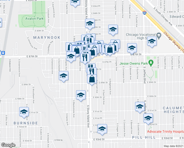 map of restaurants, bars, coffee shops, grocery stores, and more near 8819 South Stony Island Avenue in Chicago