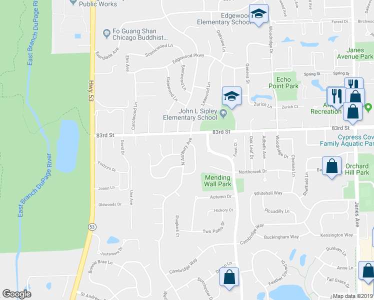 map of restaurants, bars, coffee shops, grocery stores, and more near 1070 North Ashbury Avenue in Bolingbrook