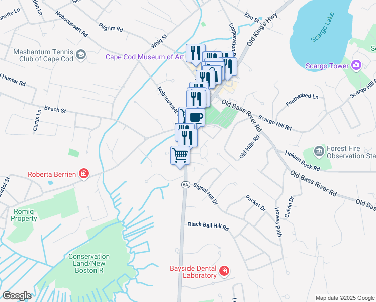 map of restaurants, bars, coffee shops, grocery stores, and more near 601 Massachusetts 6A in Dennis