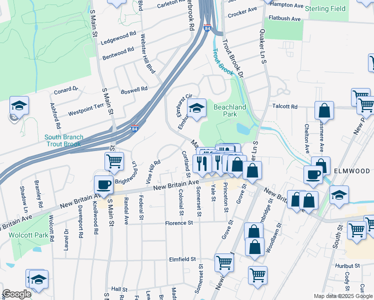map of restaurants, bars, coffee shops, grocery stores, and more near 56 Cortland Street in West Hartford