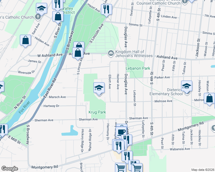 map of restaurants, bars, coffee shops, grocery stores, and more near 1121 Elliott Avenue in Aurora