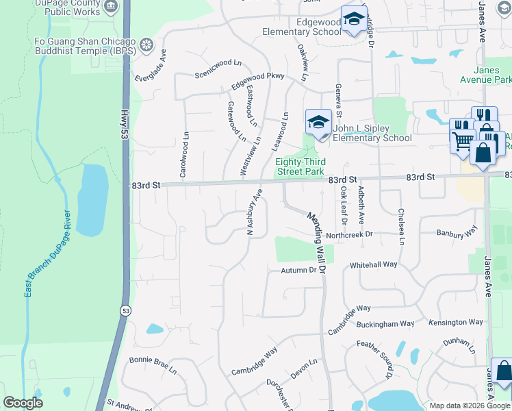 map of restaurants, bars, coffee shops, grocery stores, and more near 1070 North Ashbury Avenue in Bolingbrook