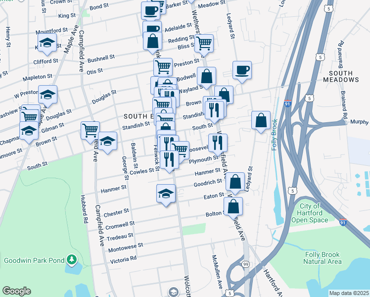 map of restaurants, bars, coffee shops, grocery stores, and more near 64 Roosevelt Street in Hartford