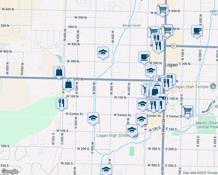 map of restaurants, bars, coffee shops, grocery stores, and more near 153 North 300 West in Logan