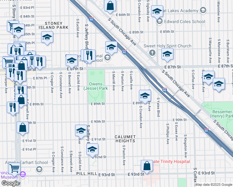 map of restaurants, bars, coffee shops, grocery stores, and more near 8825 South Merrill Avenue in Chicago