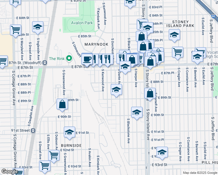 map of restaurants, bars, coffee shops, grocery stores, and more near 8814 S Dorchester Ave in Chicago