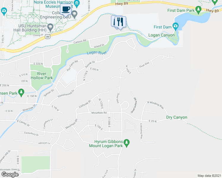 map of restaurants, bars, coffee shops, grocery stores, and more near 1340 Cliffside Drive in Logan