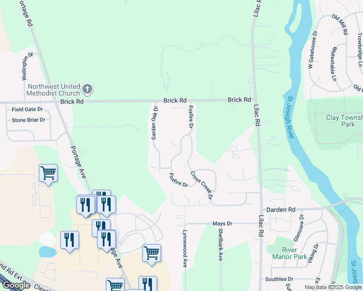 map of restaurants, bars, coffee shops, grocery stores, and more near 4340 Foxfire Drive in South Bend