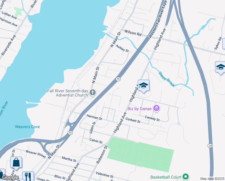 map of restaurants, bars, coffee shops, grocery stores, and more near 483 Quincy Street in Fall River