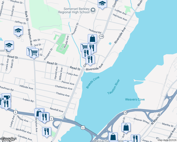 map of restaurants, bars, coffee shops, grocery stores, and more near 1516 Riverside Avenue in Somerset
