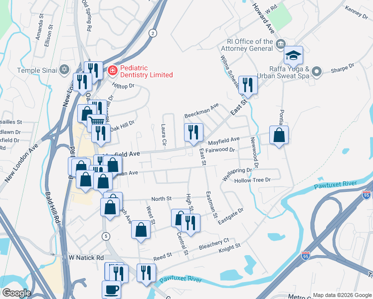 map of restaurants, bars, coffee shops, grocery stores, and more near 206 Mayfield Avenue in Cranston