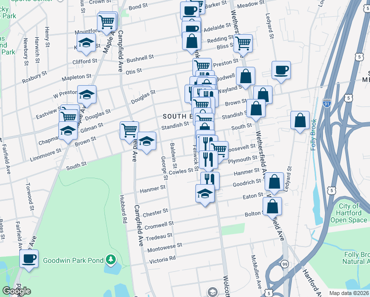 map of restaurants, bars, coffee shops, grocery stores, and more near 23 Fenwick Street in Hartford