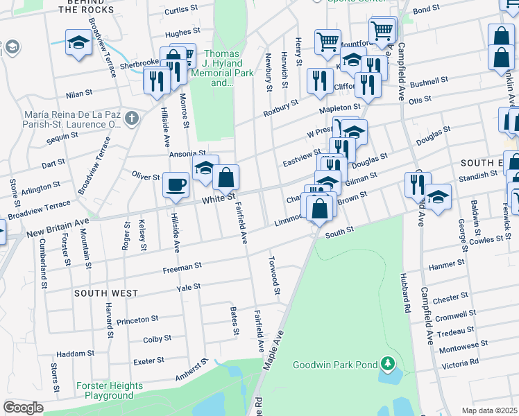 map of restaurants, bars, coffee shops, grocery stores, and more near 275 Grandview Terrace in Hartford