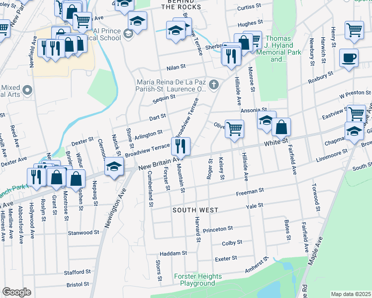 map of restaurants, bars, coffee shops, grocery stores, and more near 614 New Britain Avenue in Hartford