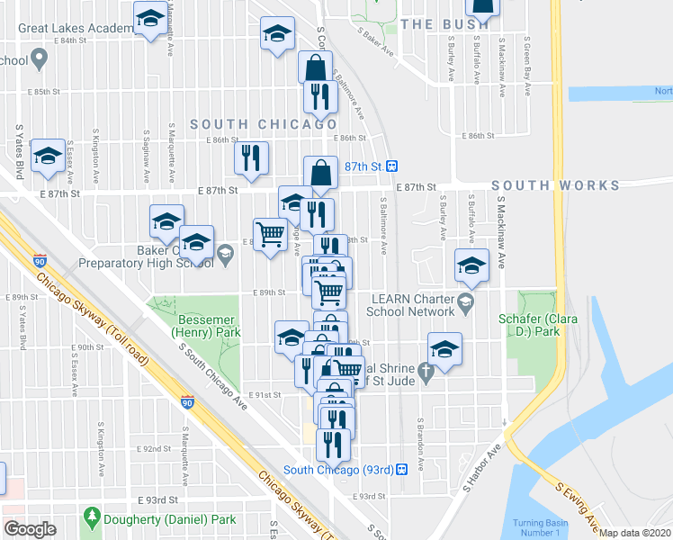 map of restaurants, bars, coffee shops, grocery stores, and more near 8836 South Houston Avenue in Chicago