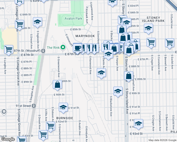 map of restaurants, bars, coffee shops, grocery stores, and more near 1318 East 88th Place in Chicago