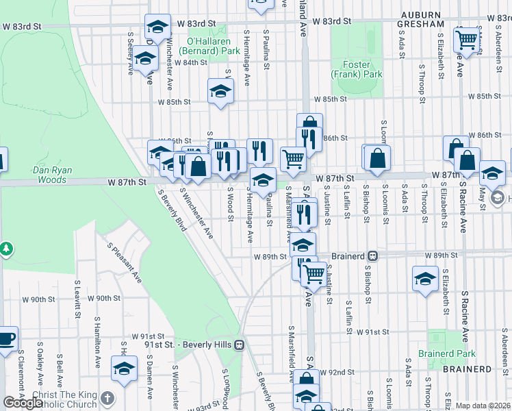 map of restaurants, bars, coffee shops, grocery stores, and more near 8734 South Paulina Street in Chicago