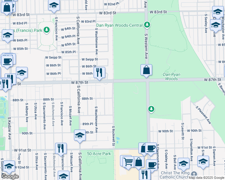 map of restaurants, bars, coffee shops, grocery stores, and more near 8720 South Rockwell Street in Evergreen Park