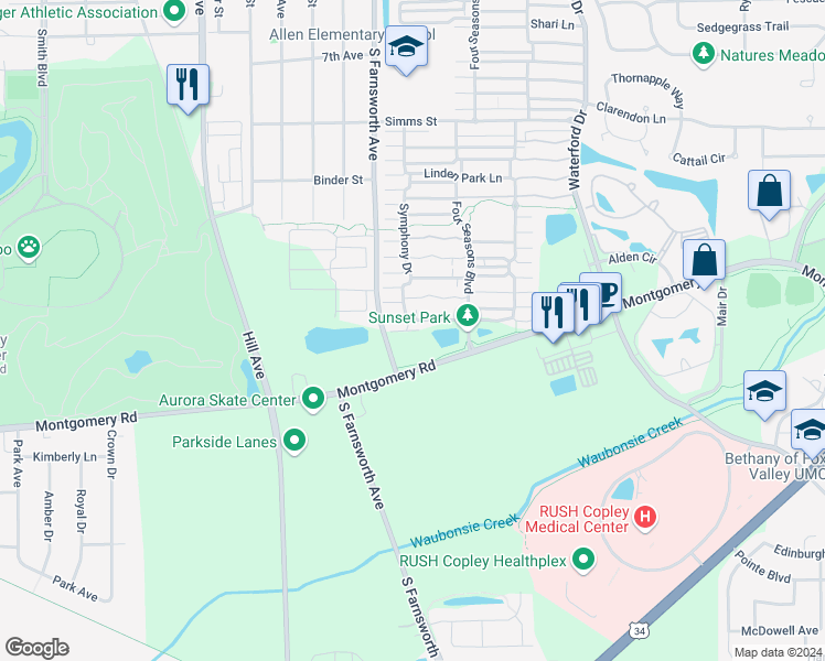 map of restaurants, bars, coffee shops, grocery stores, and more near 1125 Symphony Drive in Aurora