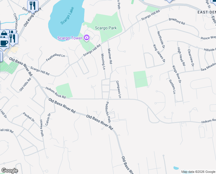 map of restaurants, bars, coffee shops, grocery stores, and more near 22 Westwind Drive in Dennis