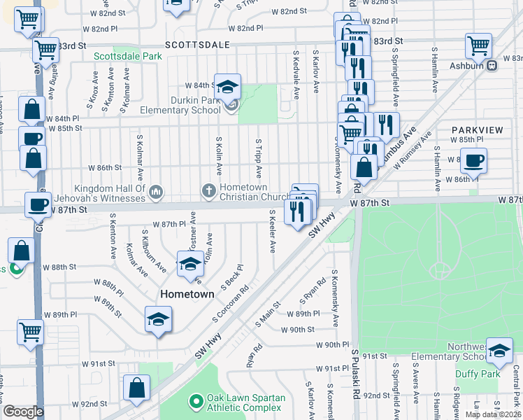 map of restaurants, bars, coffee shops, grocery stores, and more near 4221 West 87th Street in Hometown