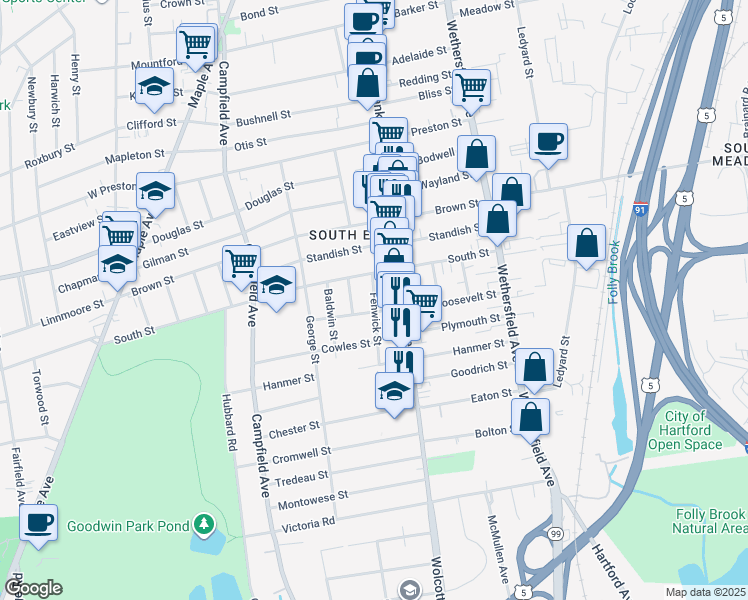 map of restaurants, bars, coffee shops, grocery stores, and more near 23 Fenwick Street in Hartford