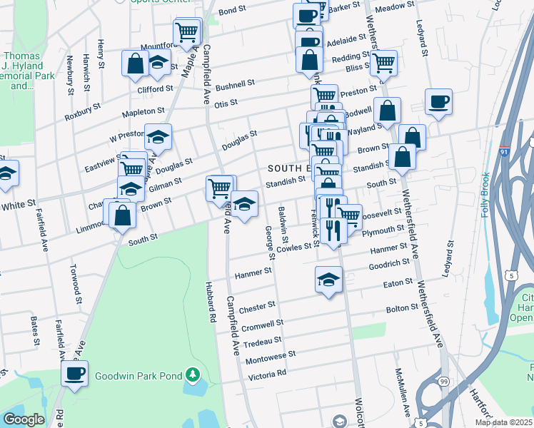 map of restaurants, bars, coffee shops, grocery stores, and more near 129 George St in Hartford