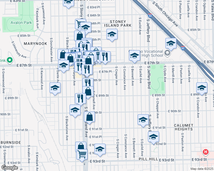 map of restaurants, bars, coffee shops, grocery stores, and more near 8820 South Ridgeland Avenue in Chicago