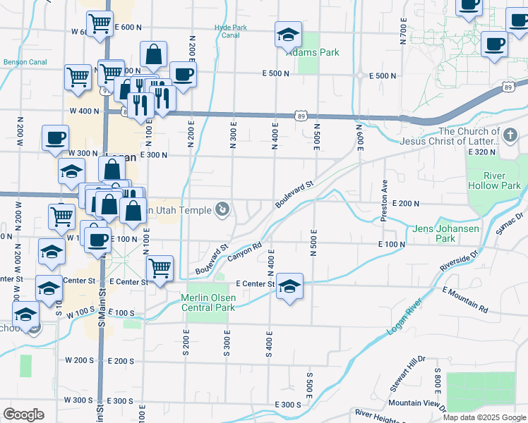 map of restaurants, bars, coffee shops, grocery stores, and more near 379 Boulevard in Logan