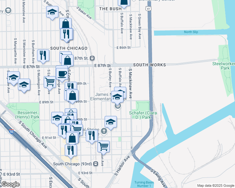 map of restaurants, bars, coffee shops, grocery stores, and more near 8836 South Buffalo Avenue in Chicago