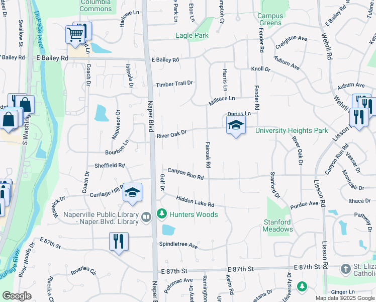 map of restaurants, bars, coffee shops, grocery stores, and more near 1823 Deerpath Court in Naperville