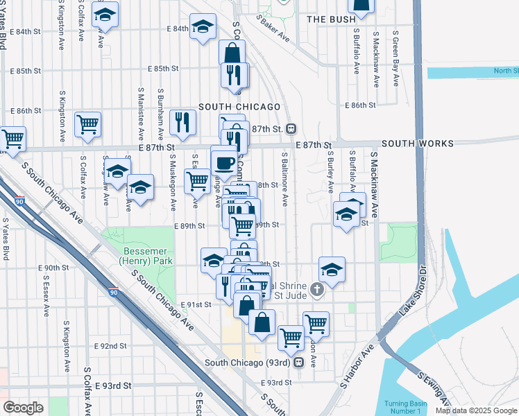 map of restaurants, bars, coffee shops, grocery stores, and more near 8836 South Houston Avenue in Chicago