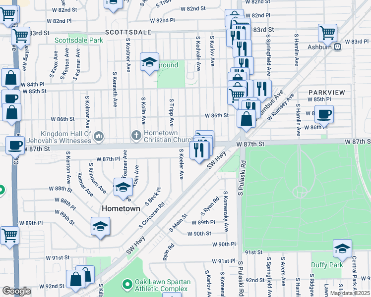 map of restaurants, bars, coffee shops, grocery stores, and more near 4157 West 87th Street in Hometown