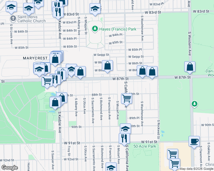 map of restaurants, bars, coffee shops, grocery stores, and more near 8725 South Francisco Avenue in Evergreen Park