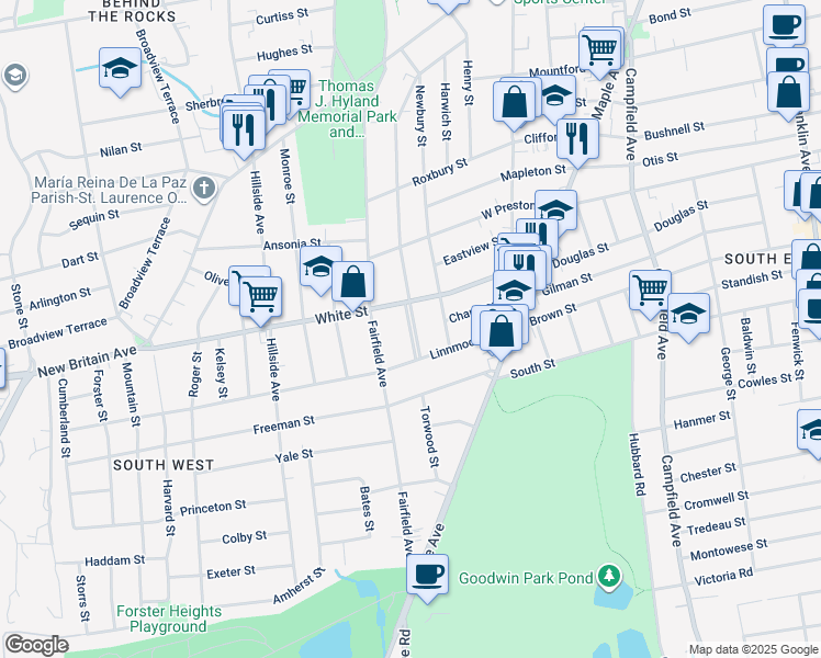 map of restaurants, bars, coffee shops, grocery stores, and more near 275 Grandview Terrace in Hartford